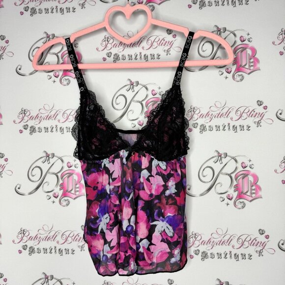 Bcbg tank top crop floral mesh black pink purple white logo straps sexy cute - Picture 9 of 9